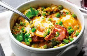 Pea Stew with Poached Eggs Recipe