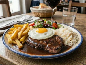 Portuguese House Steak with Garlic, Fried Egg & Wine Sauce