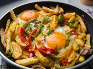 Fried Eggs with Fries and Peppers | Easy Portuguese Comfort Dish