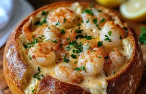 Creamy Shrimp & Bacon Stuffed Bread Recipe with Melted Cheese